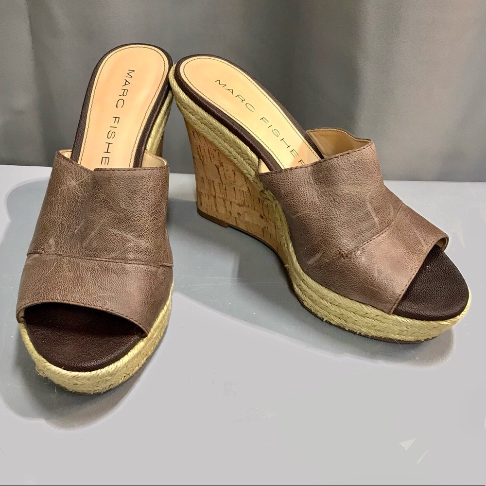 Like New Marc Fisher Leather & Cork Open Toe Mule Wedges